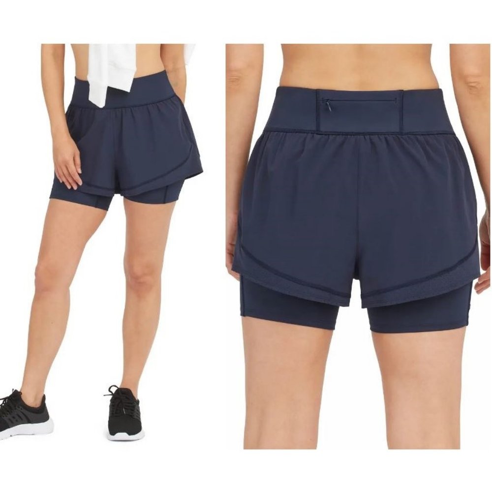 New Spanx Booty Boost Get Moving Double Layer Shorts Navy Haze Blue 50197R Small